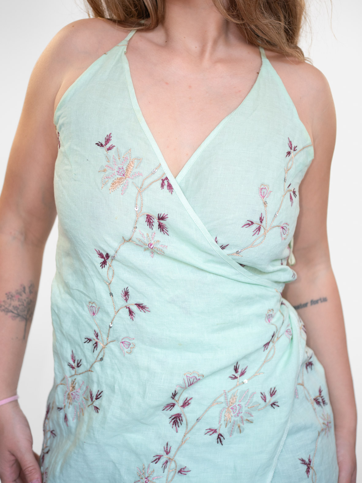 Vintage Soft Turquoise Embroidered Wrap minin Dress/Top - S - Image 4