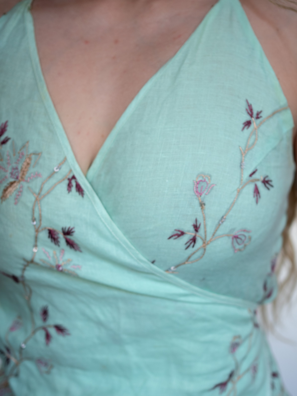 Vintage Soft Turquoise Embroidered Wrap minin Dress/Top - S - Image 3