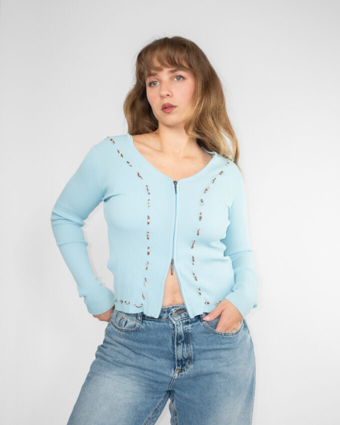 Vintage Silk Zip-Up Cardigan – Pastel Blue Leo Details - S
