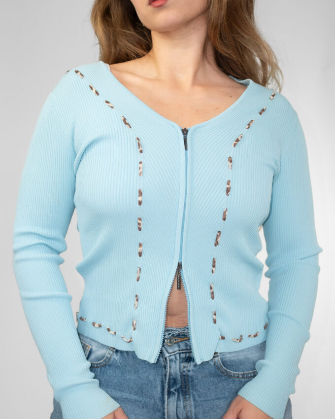 Vintage Silk Zip-Up Cardigan – Pastel Blue Leo Details - S