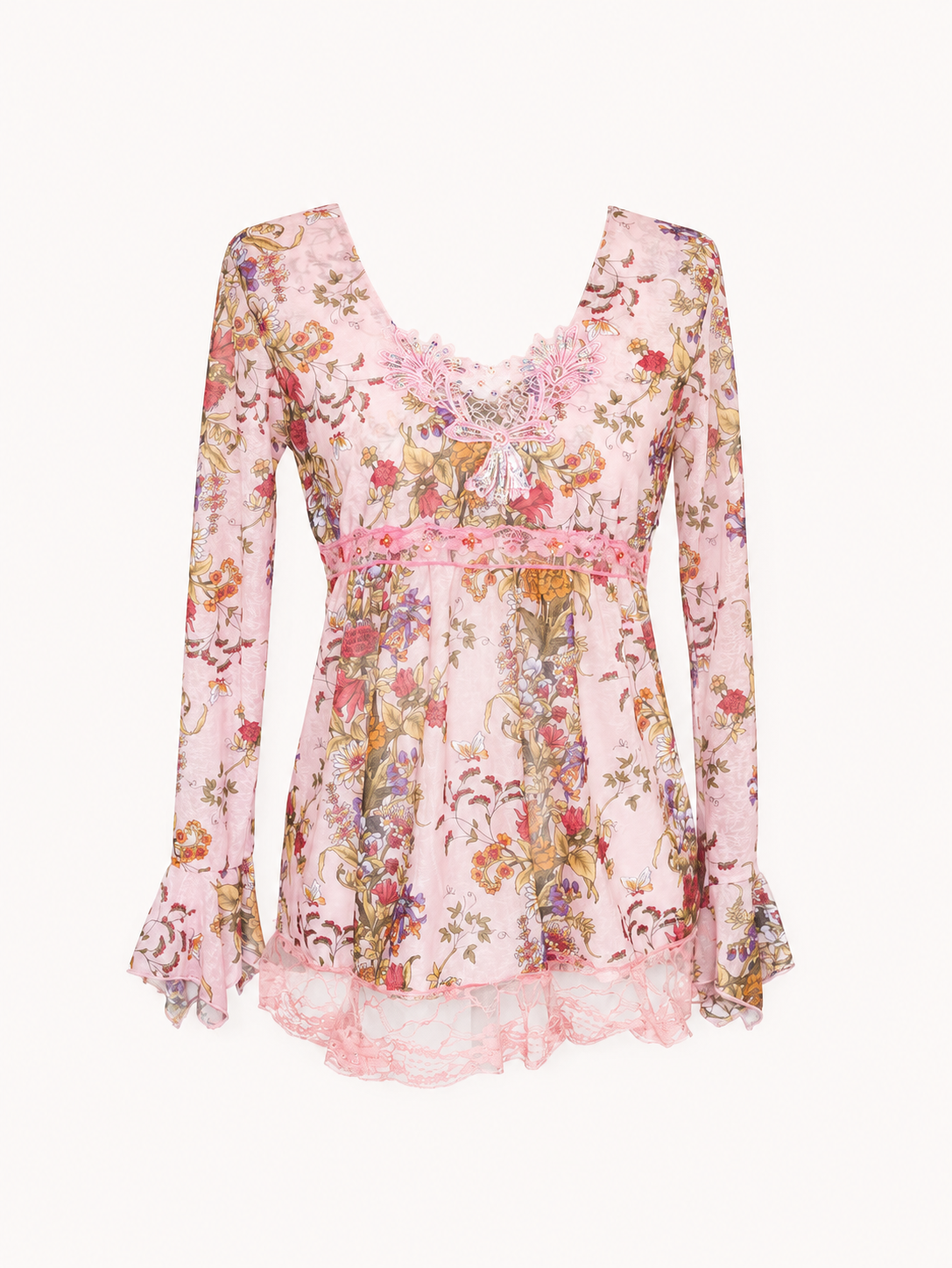 Vintage Lace Floral Long Sleeve Top - S