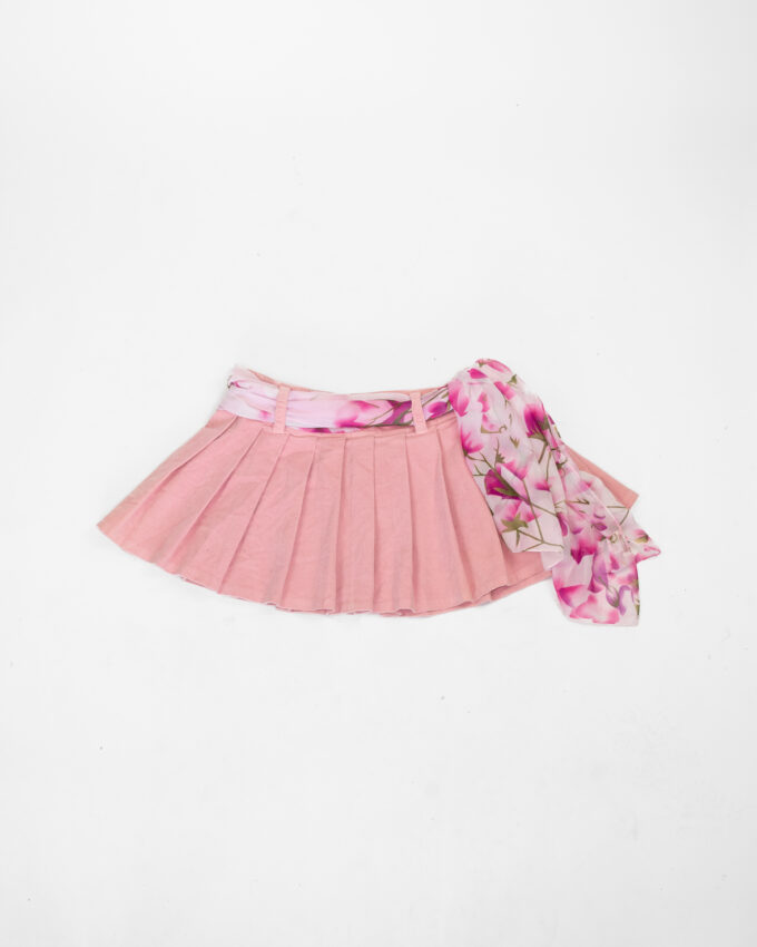 Vintage Velvet Cotton Pleated Mini Skirt with Scarf