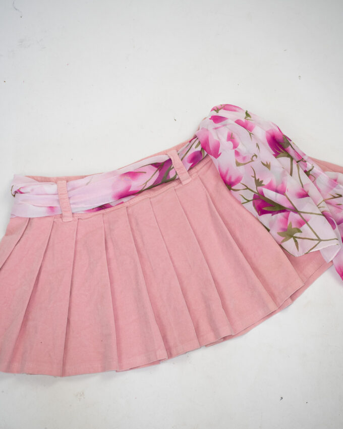 Vintage Velvet Cotton Pleated Mini Skirt with Scarf