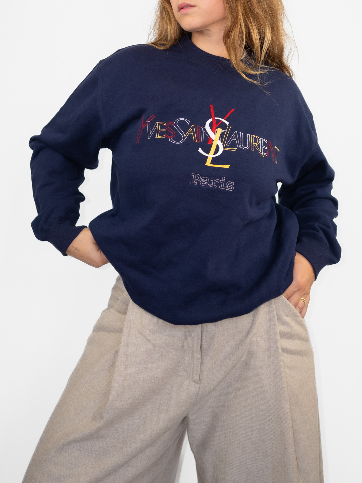 Vintage YSL Embroidered Oversized Sweatshirt – Navy - M - Image 8
