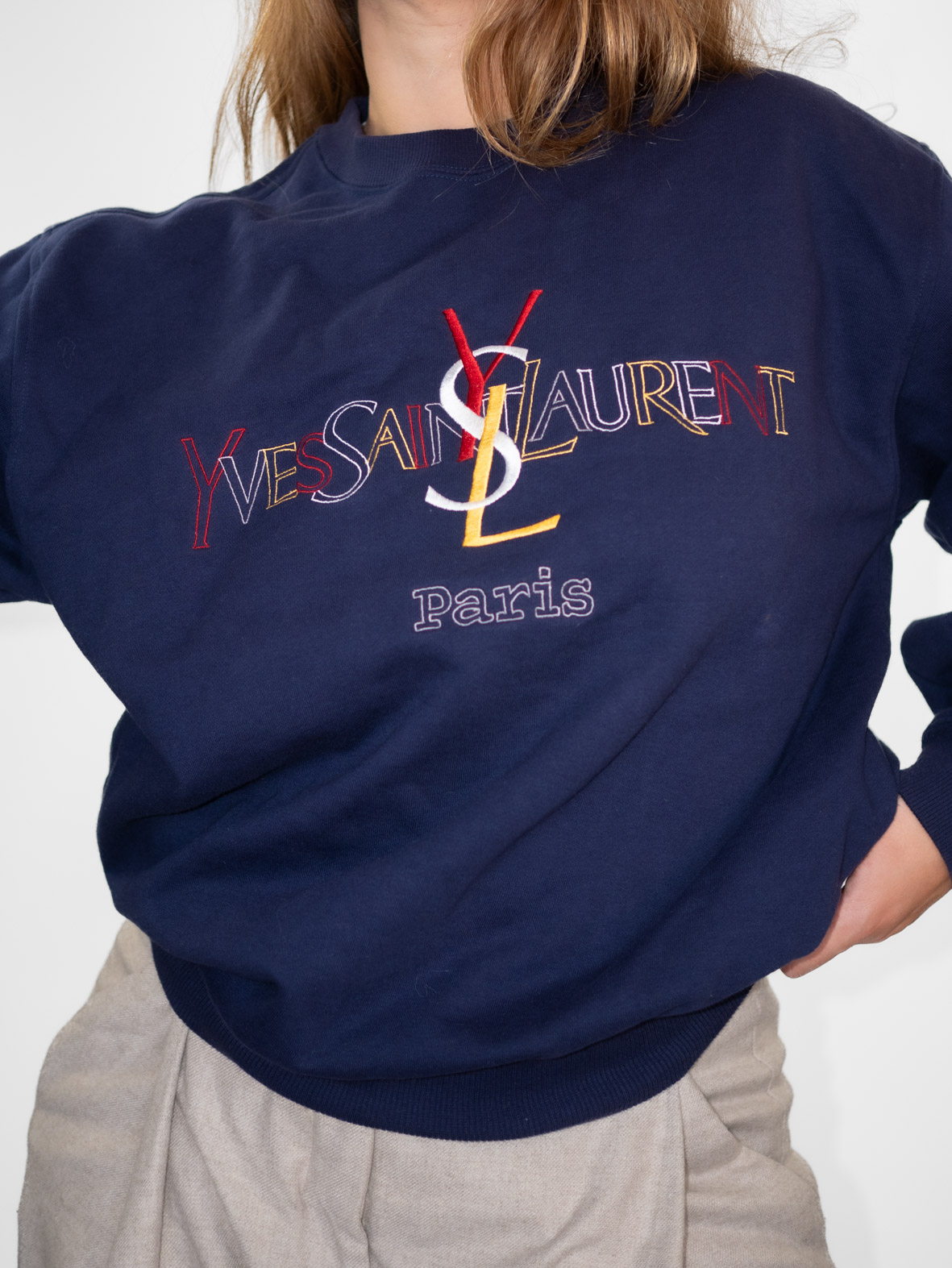Vintage YSL Embroidered Oversized Sweatshirt – Navy - M - Image 2