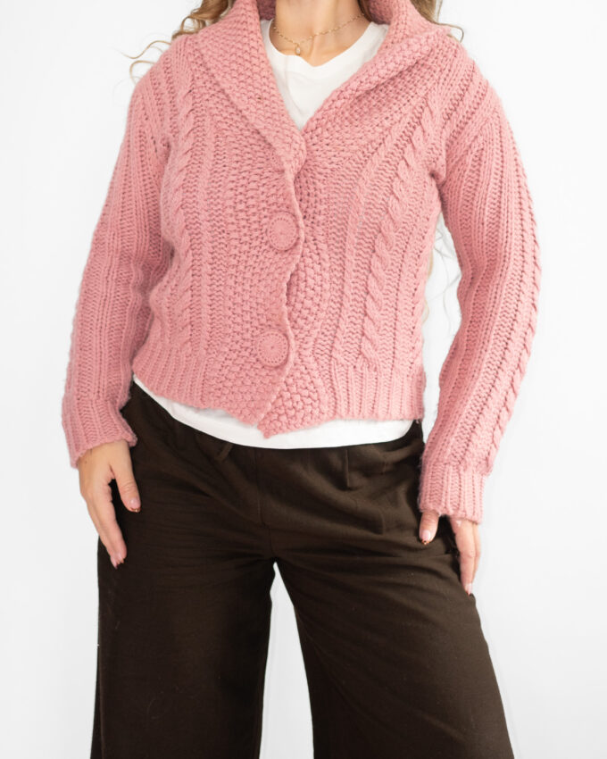 Vintage Chunky Cable Knit Cardigan – Dusty Pink - S/M