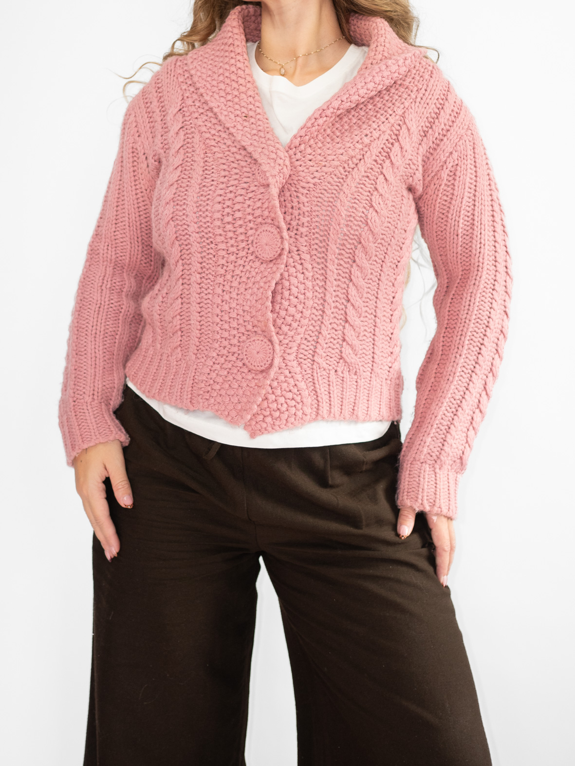 Vintage Chunky Cable Knit Cardigan – Dusty Pink – S/M – The Vintage Hunter