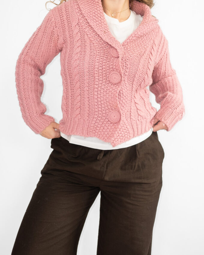 Vintage Chunky Cable Knit Cardigan – Dusty Pink - S/M