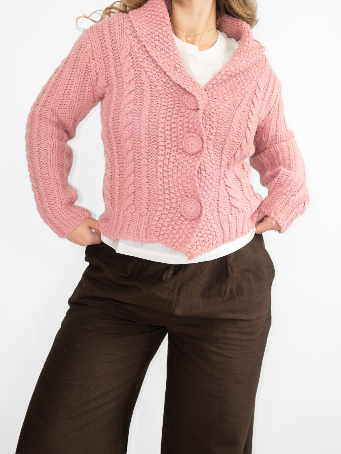 Vintage Chunky Cable Knit Cardigan – Dusty Pink – S/M – The Vintage Hunter