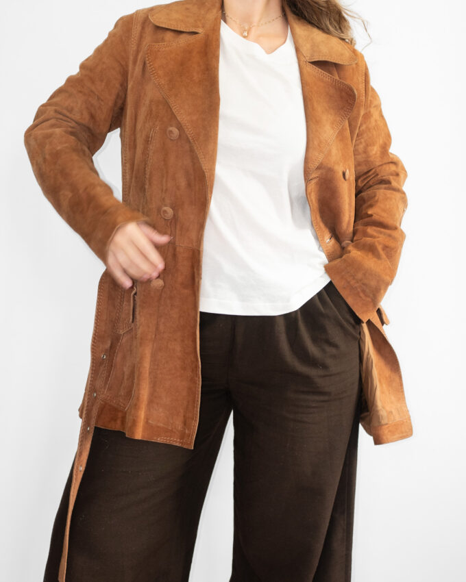 Vintage Double-Breasted Suede Leather Jacket – Cognac Brown