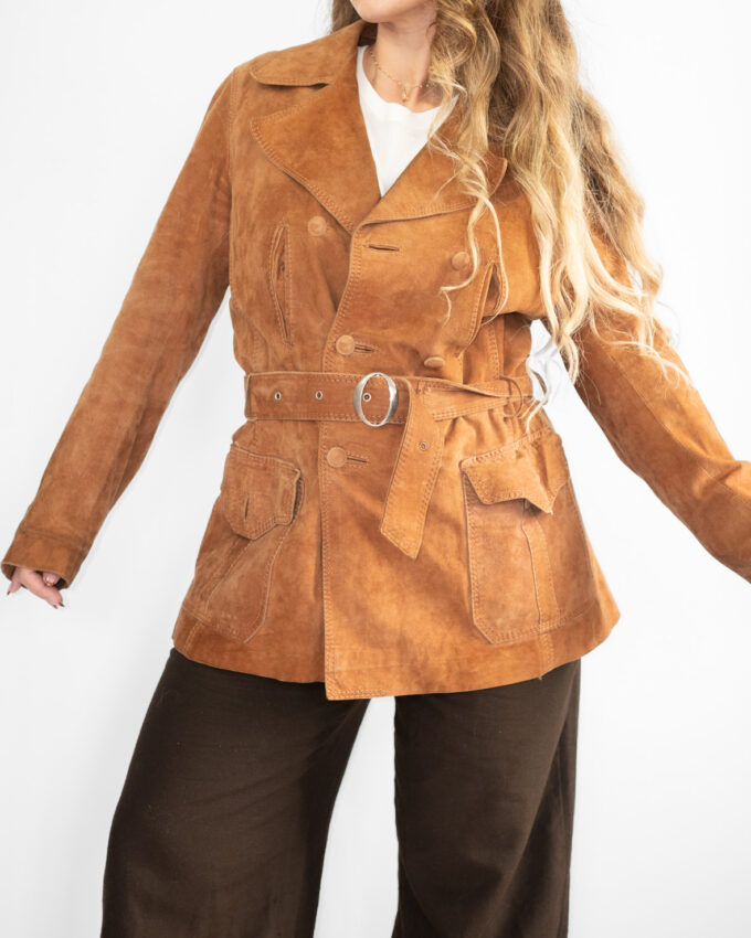 Vintage Double-Breasted Suede Leather Jacket – Cognac Brown