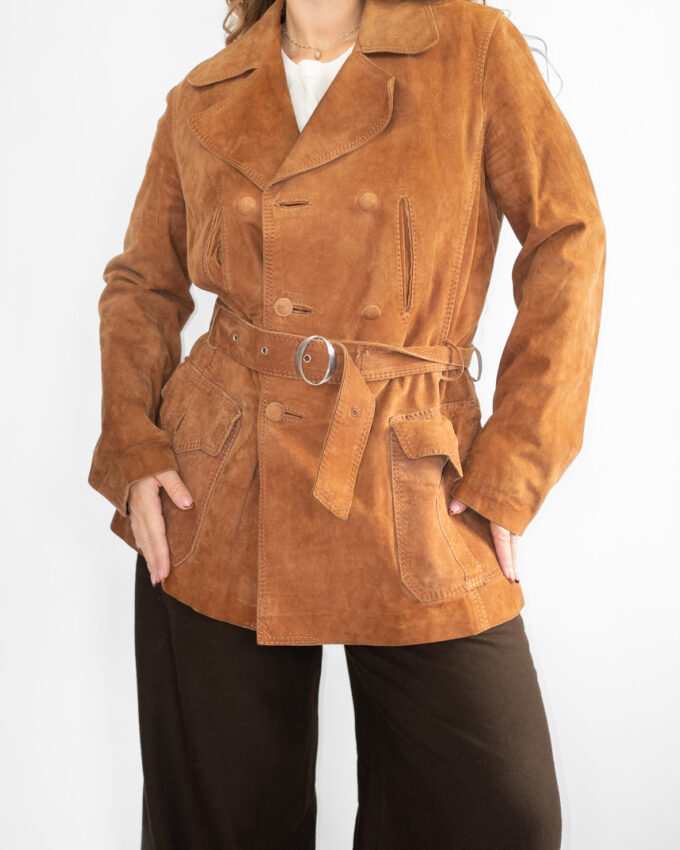 Vintage Double-Breasted Suede Leather Jacket – Cognac Brown